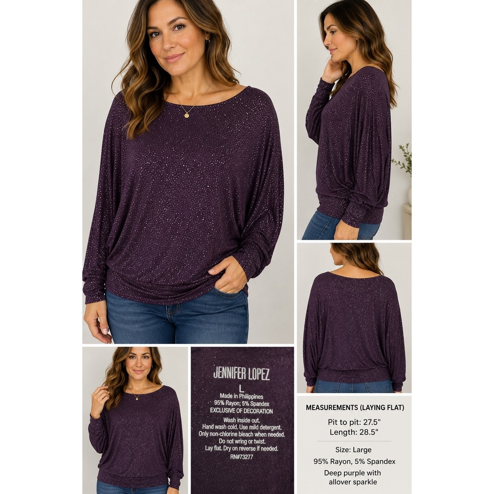 Jennifer Lopez‎ Top Womens Large Purple Sparkle Dolman Sleeve Stretch Blouse